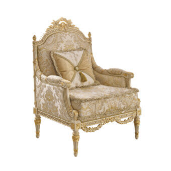Distinguished Modenese Imperial Majesty lounge chair with gold and cream damask upholstery and glossy gold-toned wood finish