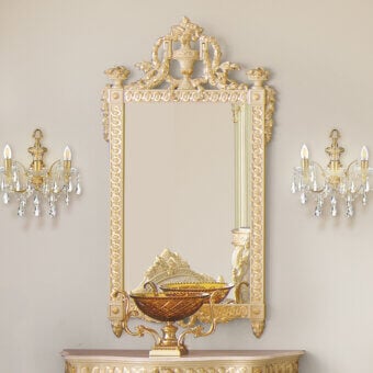 Superior Modenese Imperial Majesty mirror crafted in wood with high-gloss gold coating and ornate sculpted floral motifs