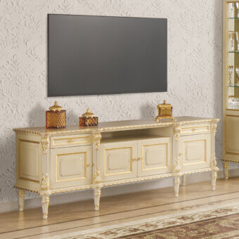 Exquisite Modenese Imperial Majesty TV stand crafted in ivory with intricate gold detailing and hand-carved embellishments