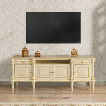 Superior Modenese Imperial Majesty TV stand crafted in ivory with gold detailing and hand-carved embellishments