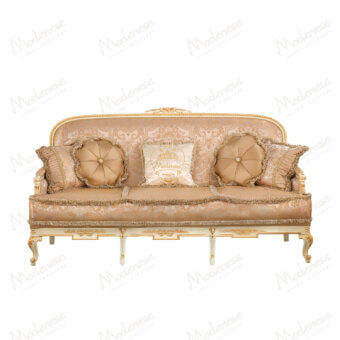 Distinguished Modenese Midnight Moon sofa upholstered in beige, gold, and rose fabric with hand-carved gilded wooden frame