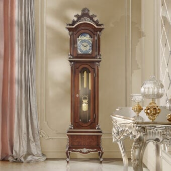 Architectural Modenese Noble Etiquette grandfather clock in warm brown tones with elaborate floral carvings and glossy finish