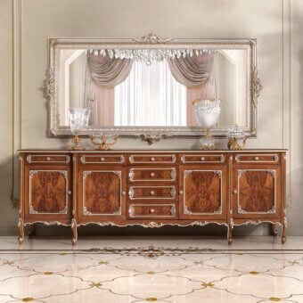 Lavish Modenese Noble Etiquette sideboard crafted in figured burl veneer with silver-gilded details and glossy medium-brown finish