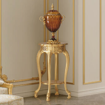 Exquisite Modenese Palatial Elegance vase stand crafted in Italy with ornate carvings and a high-gloss golden finish