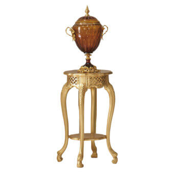 Superior Modenese Palatial Elegance vase stand crafted with floral motifs in glossy golden finish supporting amber glass urn