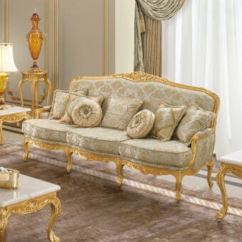 Exquisite Modenese Palatial Elegance sofa with plush damask textile in pale green and cream, crafted with radiant gold leaf wood finish