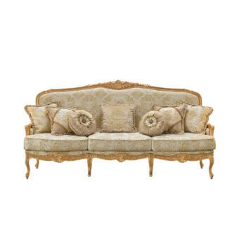 Exquisite Modenese Palatial Elegance sofa built in golden damask textile with radiant gold leaf finish