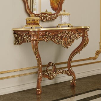 Lavish Modenese Palatial Elegance console handcrafted in walnut with sculpted floral motifs and bright gold leaf detailing
