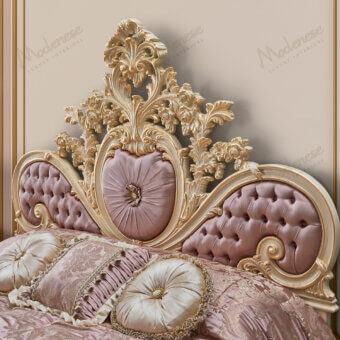 Superior Modenese Pink royal bed crafted in pink satin with ornate gold-toned detailing and glossy finish