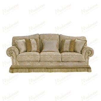 Distinguished Modenese Royal Blend sofa with cream and gold fabric displaying intricate floral patterns and refined tassel fringe