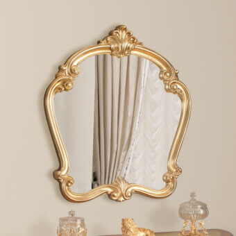 Exquisite Modenese Royal Blend Baroque mirror crafted with ornate scrolling, floral motifs in a glossy golden tone