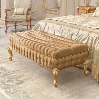 Lavish Modenese Royal Blend bench crafted with champagne satin upholstery and gilded wood accents