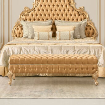 Exceptional Modenese Royal Blend bench with champagne satin upholstery and glossy hardwood frame