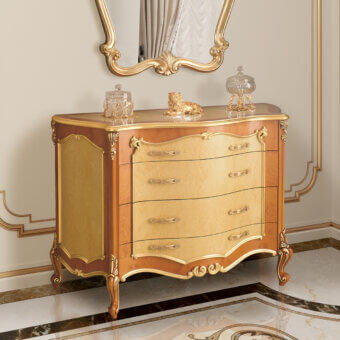 Exquisite Modenese Royal Blend dresser crafted in Italy with golden yellow and reddish-brown wood exhibiting a polished finish