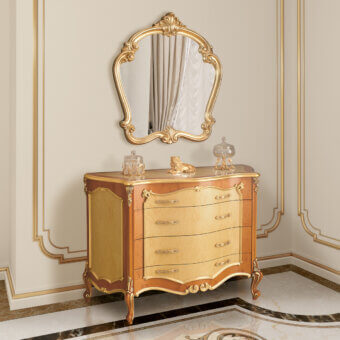 Distinguished Modenese Royal Blend dresser built with light golden-brown wood exhibiting polished finish and gilded metal accents