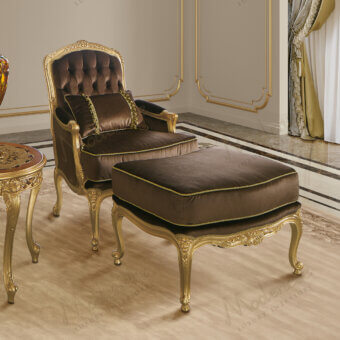 Lavish Modenese Royal Blend lounge chair with deep brown velvet upholstery and hand-carved gold-leaf wooden frame