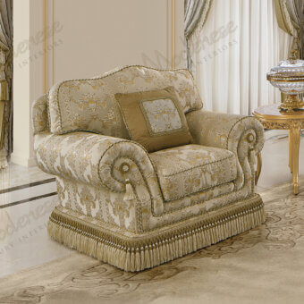 Sumptuous Modenese Royal Blend lounge chair with gold and cream patterned textile upholstery and satin wood frame