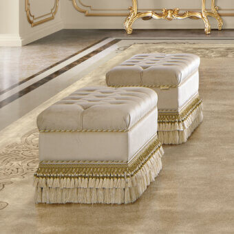Lavish Modenese Royal Blend ottoman in white velvet with ornate gold banding and delicately scalloped fringe