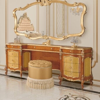 Distinguished Modenese Royal Blend vanity crafted in wood with high-gloss reddish-brown finish and opulent gold detailing