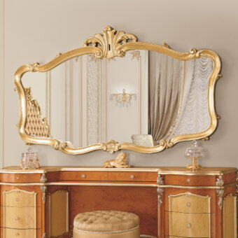 Distinguished Modenese Royal Blend wall mirror crafted in wood with gilded metal detailing and ornate sculpted floral motifs