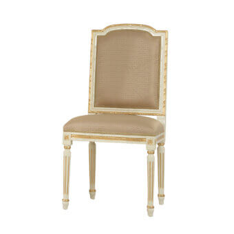Distinguished Modenese Royal Symphony chair upholstered in blush fabric with off-white painted wood and bright gold gilding