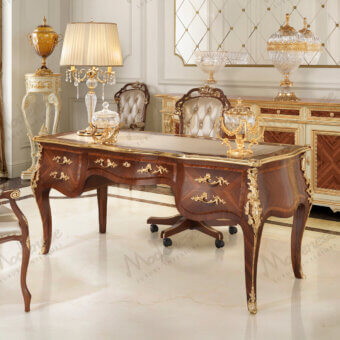 Lavish Modenese Royal Symphony writing desk with ivory leather upholstery and high-gloss brown wood finish