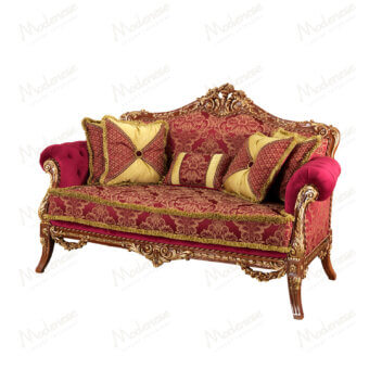 Superior Modenese Rubino Delight sofa upholstered in ruby-red damask with gold embroidery and walnut gold leaf finish