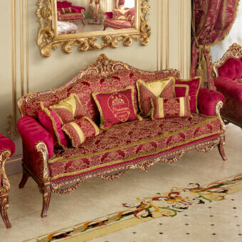 Lavish Modenese Rubino Delight sofa upholstered in ruby-red patterned fabric with gold embroidery and gold leaf detailing