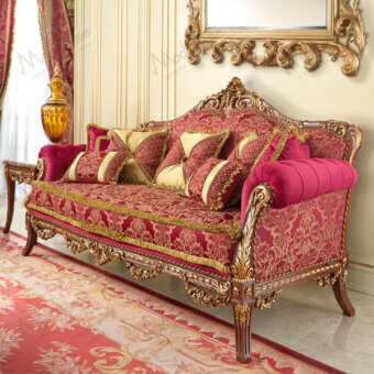 Distinguished Modenese Rubino Delight sofa upholstered in ruby-red fabric with intricate gold embroidery and gold leaf finish
