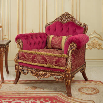 Lavish Modenese Rubino Delight lounge chair upholstered in ruby-red velvet with gold damask and gilded hand-carved wood frame