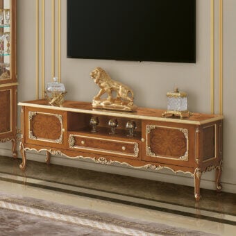 Exceptional Modenese Timeless Grace TV stand crafted in wood with warm finish and delicate gold accents