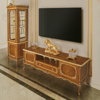 Elegant Modenese Timeless Grace TV stand crafted in wood with golden-brown finish and delicate gold accents