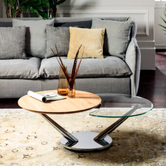 Superior Naos Abra coffee table with synchronized revolving clear glass and light brown wood tops crafted with a painted steel base