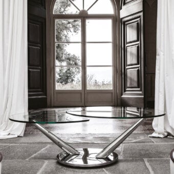 Superior Naos Abra coffee table with extensible dual-tiered glass tops and polished galvanized steel base