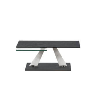 Superior Naos Aquilyps coffee table with synchronized revolving glass tops and a dark-toned matte galvanized steel base