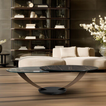 Elegant Naos Balestra coffee table with extensible design and dark grey marble-patterned glass paired with a matte black galvanically treated base