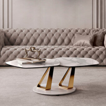 Architectural Naos Basalto coffee table with a glossy glass tabletop and polished golden-toned metal base