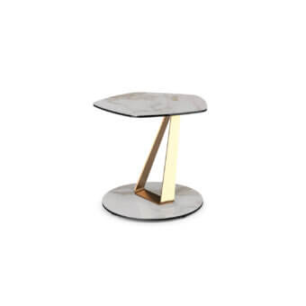 Superior Naos Basalto side table with circular glass tabletop exhibiting white marble and golden galvanized angled support