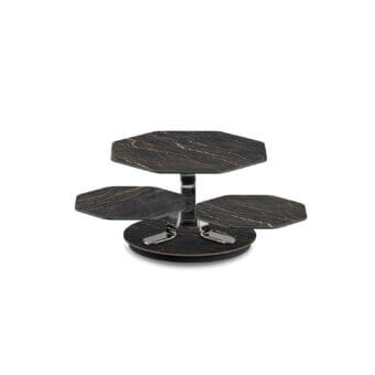 Captivating Naos Batis coffee table with swirling black-and-gold toned wood veneer and polished chrome metal base with satin finish