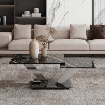 Superior Naos Calypso coffee table with polished ceramic tabletop and glossy black galvanized steel X base