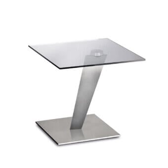 Elegant Naos Calypso side table with clear grey-tinted glass tabletop and brushed pale grey metal base crafted in Italy