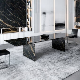 Distinguished Naos Convivium extendable table with glossy stone and porcelain ceramic tabletop plus golden veining and matching stone base