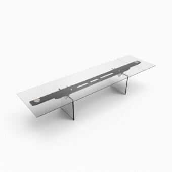 Exceptional Naos Convivium extendable table with transparent glass top and matte dark gray metal base