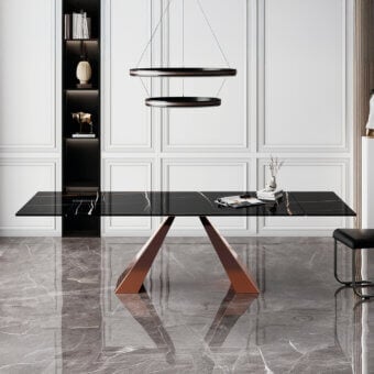 Distinguished Naos Delta extendable table with glass tabletop displaying a dark marble-like pattern and sleek copper-toned metal base