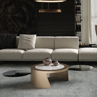 Captivating Discovery coffee table with a rotating painted frame and round ceramic stone concealing lower surfaces