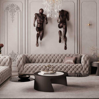 Distinguished Discovery coffee table crafted with ceramic stone upper and lower surfaces, exhibiting an innovative rotating painted frame