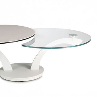 Distinguished Naos Foli coffee table with synchronized revolving clear glass and painted white tops crafted in Italy