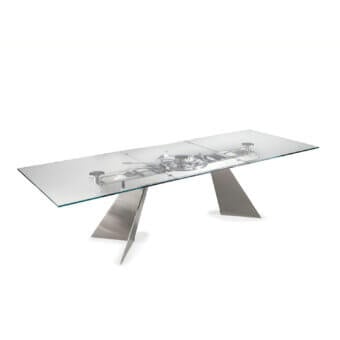 Innovative Naos Galax extendable dining table with transparent glass, a brushed silver-grey metal base crafted in Italy