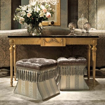Superior Provasi 0270 console crafted with black marble and a lacquered gold wood base exhibiting curved details