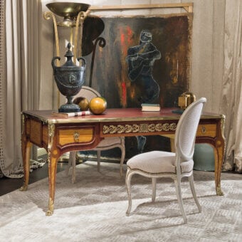 Superior Provasi 0415 desk crafted in burgundy leather with brass accents and a glossy finish